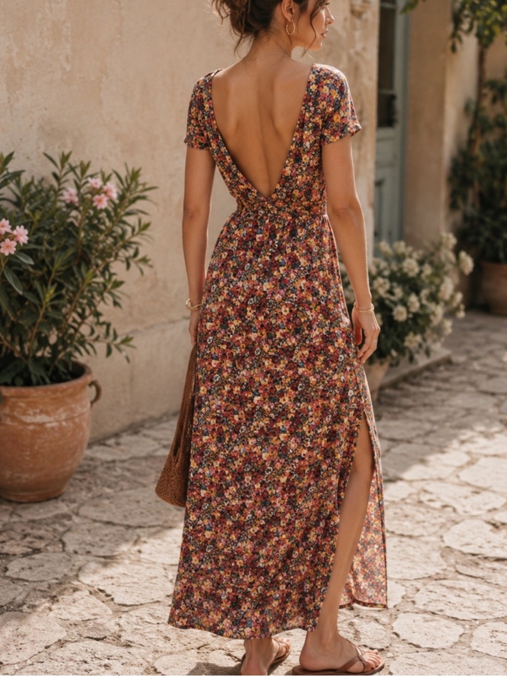 Sezane Luce Fleurs Soleil Floral Open Back Midi Dress French Boho size M